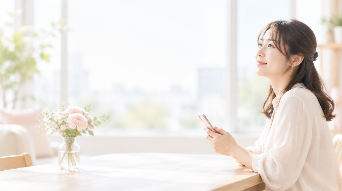 スマートフォンを手に窓辺でくつろぐ女性