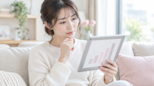 タブレットでグラフを確認する女性
